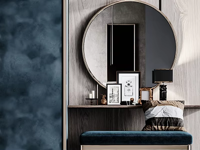 Modern Elegant Dressing Table With Round Mirror Wooden Wall Blue Bench And Decorative Items 3d model