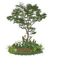Tall Arbor Surrounded by White Flowers Orange Blooms Green Foliage and Lush Plants