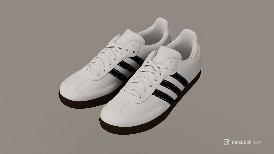 White Casual Sneakers With Black Stripes And Brown Rubber Sole For Everyday Wear 3d model 