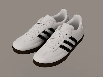 White Casual Sneakers With Black Stripes And Brown Rubber Sole For Everyday Wear 3d model