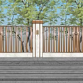 Wooden Slat Feature Wall With White Pillar Decorative Elements And Stone Steps Surrounded By Trees 3d model