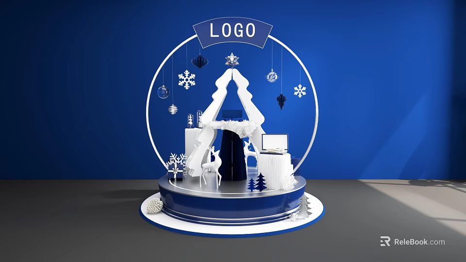 Christmas Themed Decoration Display With LOGO Snowflakes Tree And Deer On Blue Base 3d model 