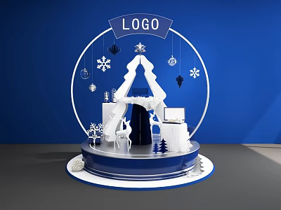 Christmas Themed Decoration Display With LOGO Snowflakes Tree And Deer On Blue Base 3d model