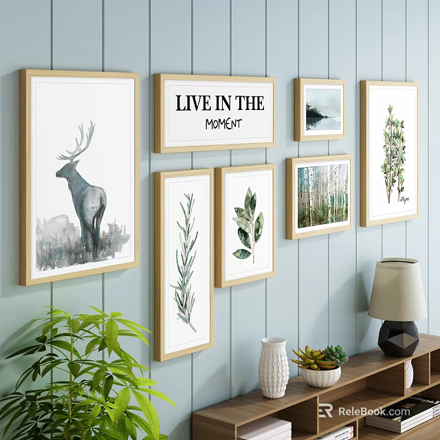 Photo Wall with Wooden Frames Deer Art Leaf Prints and Live in the Moment Quote 3d model 