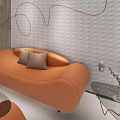 Modern Leisure Sofa Set With Curved Design Brown Cushions Side Coffee Table And Wall Decor