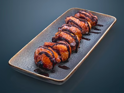 Juicy Grilled Chicken Wings with Sweet Glaze Sauce on Rectangular Ceramic Platter 3d model