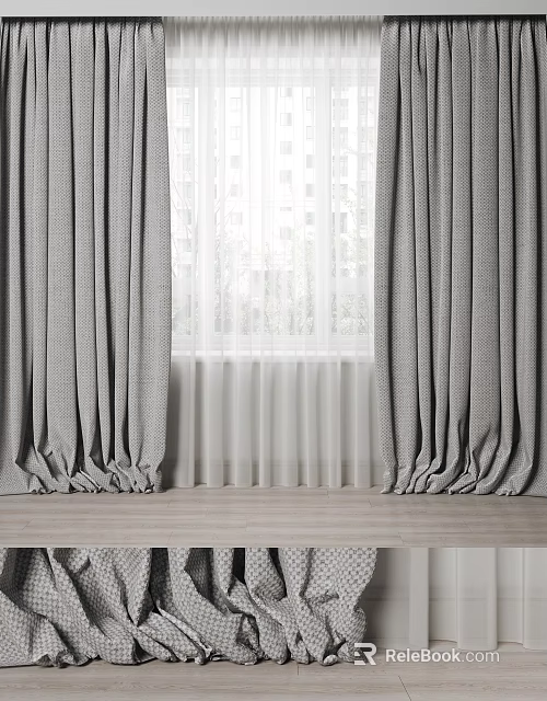 Gray Textured Curtains Draped With White Sheer For Window Interior Design 3d model 