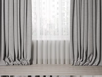 Gray Textured Curtains Draped With White Sheer For Window Interior Design 3d model