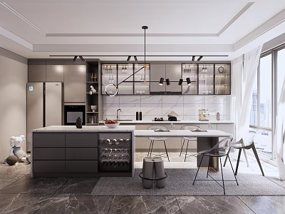 Modern Open Kitchen Interior With Island Counter Cabinets Appliances And Lighting 3d model