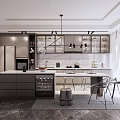 Modern Open Kitchen Interior With Island Counter Cabinets Appliances And Lighting