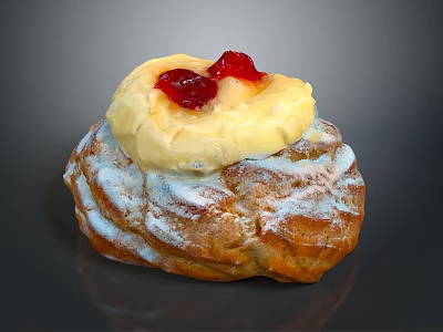 Sweet Flaky Puff Pastry Dessert With Powdered Sugar Whipped Cream And Red Berries 3d model
