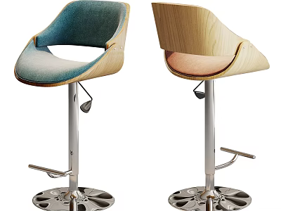 Modern Bar Stools with Wooden Back Blue Fabric Seat Metal Adjustable Base and Footrest 3d model