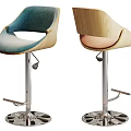 Modern Bar Stools with Wooden Back Blue Fabric Seat Metal Adjustable Base and Footrest