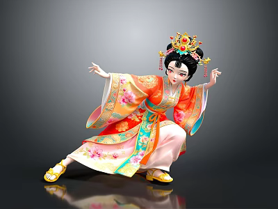 Ancient Chinese Dancer Figure in Colorful Embroidered Robe with Ornate Golden Headdress and Dynamic Pose 3d model