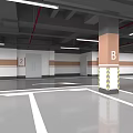 Spacious Bright Indoor Parking Garage With White Arrows Red Pipes And Columns
