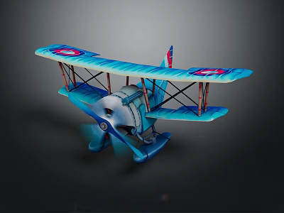 Detailed Blue Biplane Passenger Plane with Red Insignia 3D Model Dark Background 3d model