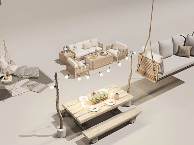 Outdoor Chairs in Cozy Outdoor Setting with Hanging Swing Sofa Wooden Table and String Lights 3d model