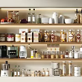 Organized Kitchen Storage Shelves With Spice Bottles Jars And Appliances