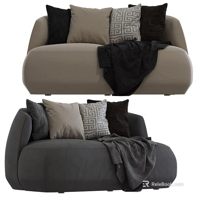 Beige And Dark Gray Multi Person Sofa With Decorative Cushions Geometric Pattern And Throw Blanket 3d model