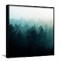 Misty Forest Landscape Painting Framed on White Wall with Pine Trees and Hazy Atmosphere