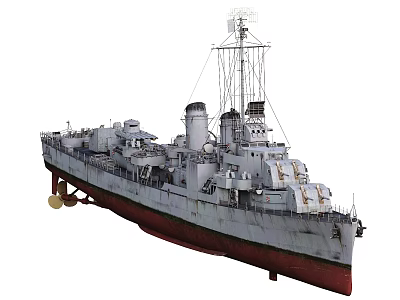 Vintage Warship Model With Red Bottom And White Upper Hull Antennas Smokestacks And Deck Equipment 3d model