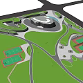 Recreational Park Design With Sports Courts Green Lawns Curved Pathways And Circular Plaza