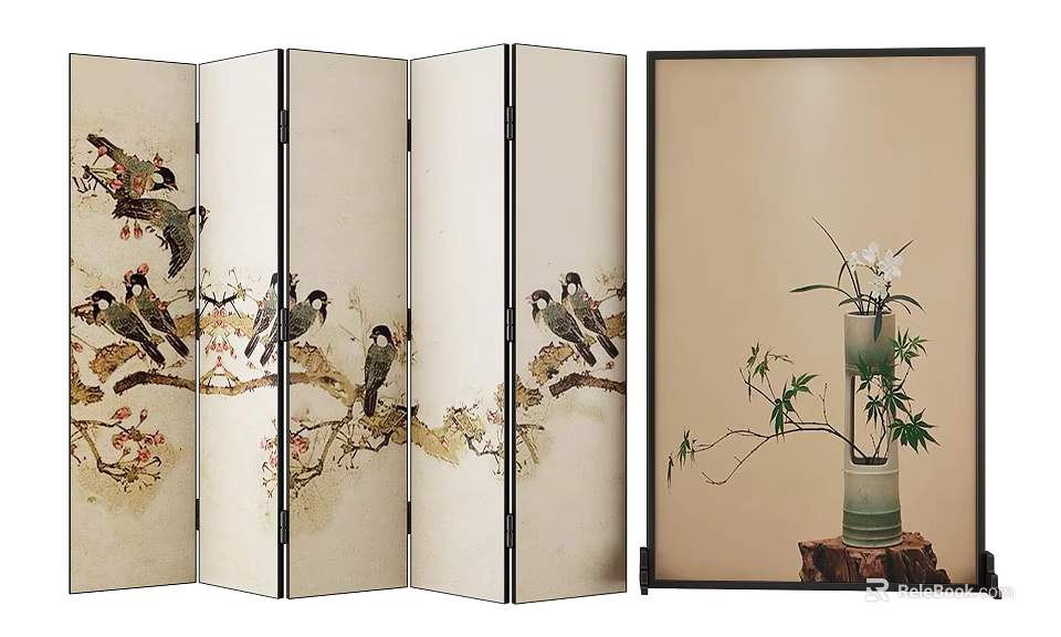 Three Panel Traditional Oriental Folding Screen With Bird Branch Art And Bamboo Vase 3d model 