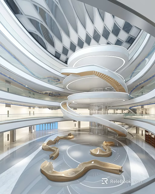 Modern Multilevel Mall Lobby With Spiral Staircase And Curved Seats 3d model 