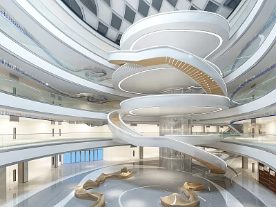 Modern Multilevel Mall Lobby With Spiral Staircase And Curved Seats 3d model