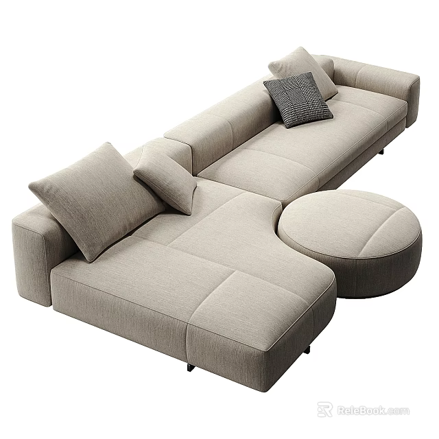 Modern Sectional Sofa With Light Beige Upholstery Soft Pillows And Round Ottoman 3d model 