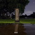 Outdoor Lights With Various Modern Designs Illuminating Night Grass And Water Reflections