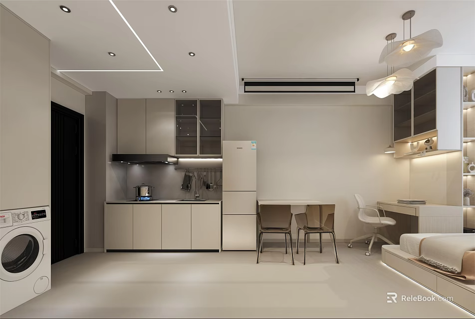 Modern Neutral Tones Open Plan Living And Dining Room With Integrated Functional Kitchen Interior Design 3d model 