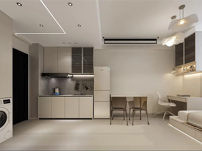 Modern Neutral Tones Open Plan Living And Dining Room With Integrated Functional Kitchen Interior Design 3d model