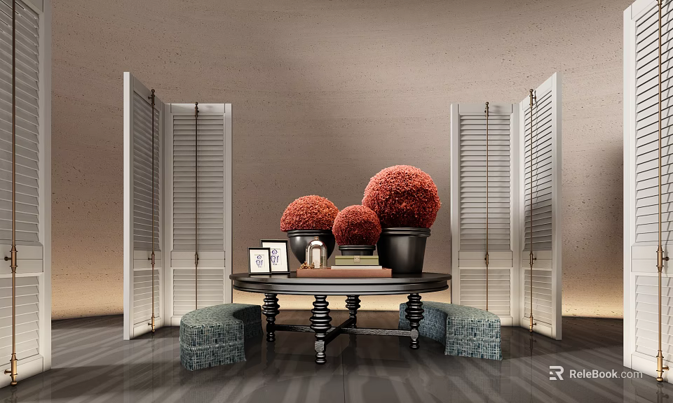 Elegant Console Table With Red Decorative Spheres Shutter Doors And Photo Frames 3d model 