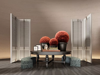 Elegant Console Table With Red Decorative Spheres Shutter Doors And Photo Frames 3d model