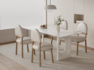 Elegant Modern Dining Room With White Table Chairs Vase Flowers Pendant Light And Rug 3d model
