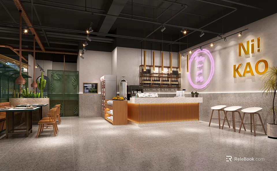Modern Restaurant Interior With Neon Sign Hanging Lights Bar Counter Green Plants White Stools 3d model 