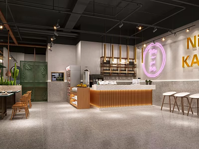 Modern Restaurant Interior With Neon Sign Hanging Lights Bar Counter Green Plants White Stools 3d model