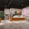 Modern Restaurant Interior With Neon Sign Hanging Lights Bar Counter Green Plants White Stools