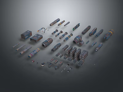 Assorted Weapon Components Collection Featuring Barrels Ammunition And Mechanical Parts 3d model