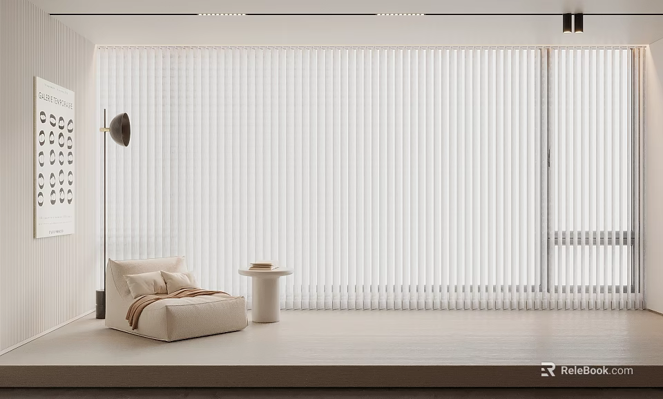 Modern Minimalist Living Space With White Vertical Blinds Cozy Sofa Side Table And Floor Lamp 3d model 