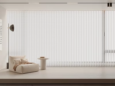 Modern Minimalist Living Space With White Vertical Blinds Cozy Sofa Side Table And Floor Lamp 3d model