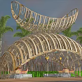 Modern Wooden Pergola Structure With Palm Trees And Seating Area