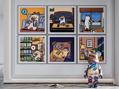 Six Cartoon Cat Paintings On Wall With Colorful Striped Doll In Front 3d model