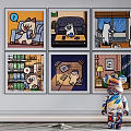 Six Cartoon Cat Paintings On Wall With Colorful Striped Doll In Front