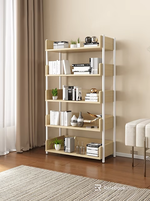Modern Wooden Bookshelf With Multi Tiered Design Books Plants And Decorative Items 3d model 