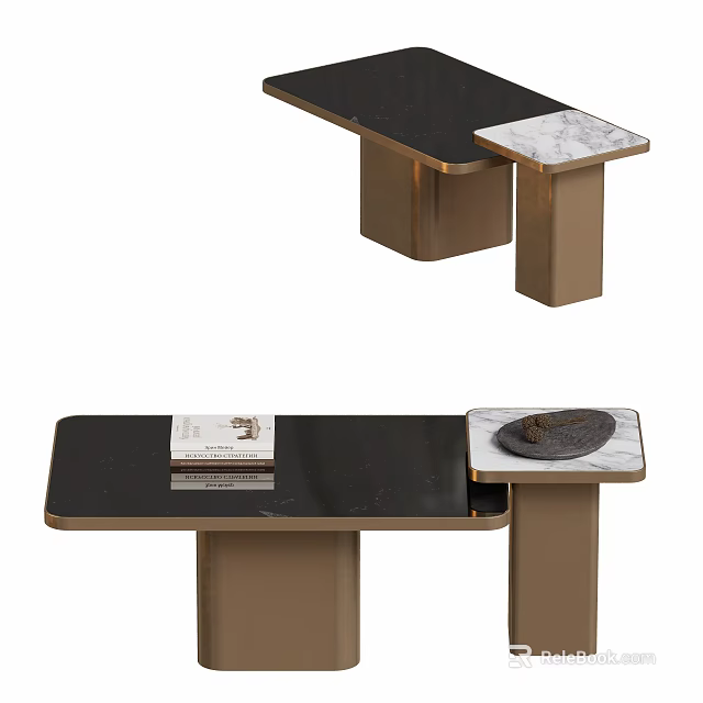 Modern Coffee Table With Black Tabletop Gold Frame And Marble Tray With Book 3d model 