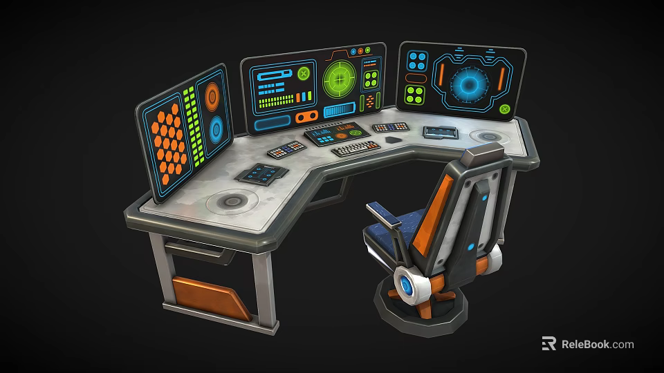 Industrial Control Console With Multiple Display Screens Control Panels Buttons And Operator Chair 3d model 