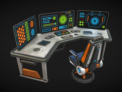 Industrial Control Console With Multiple Display Screens Control Panels Buttons And Operator Chair 3d model