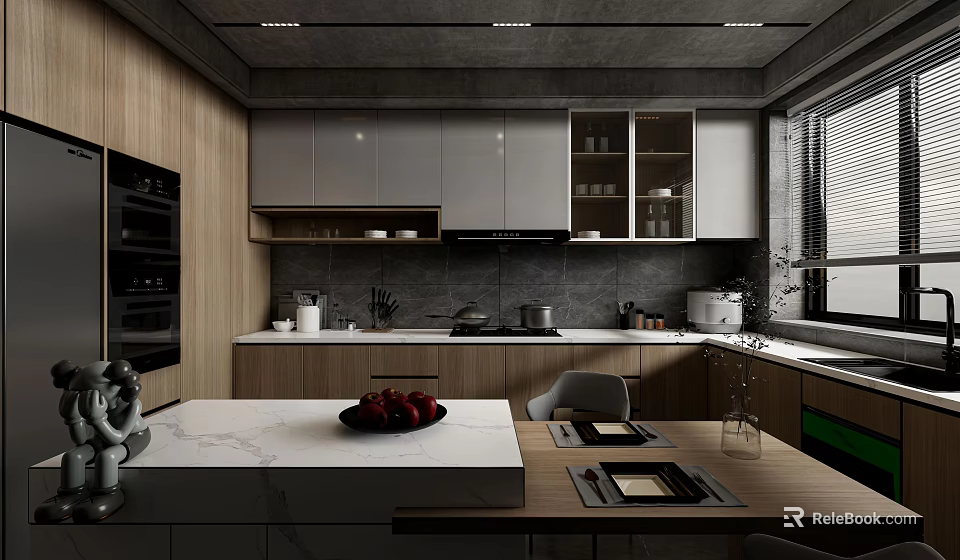 Modern Kitchen Interior With Wooden Cabinets Gray Upper Cabinets Marble Island And Black Appliances 3d model 